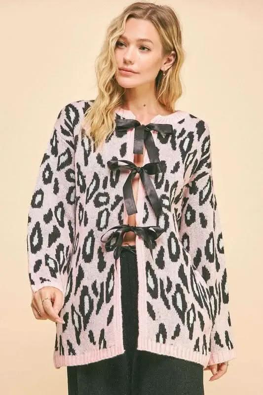Davi & Dani Leopard Ribbon Tie Front Loose Fit Cardigan - Love Salve